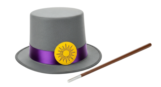 Gray top hat and magic wand on transparent background