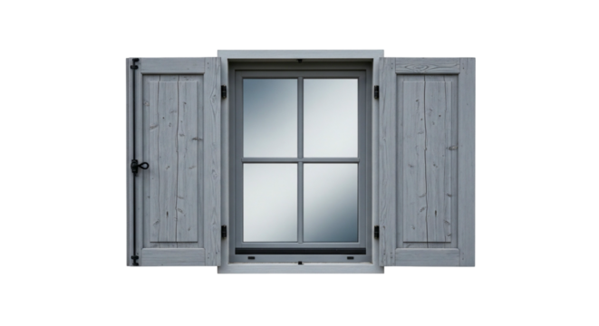 Gray wooden window shutters with glass panes - Powered by Adobe