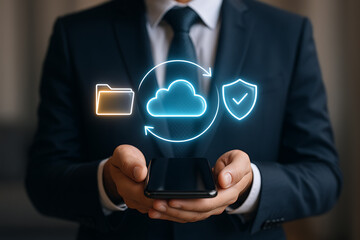 a businessman is holding his phone with a cloud computing and data security hologram, showcasing secure file transfer and backup on a professional and futuristic interface