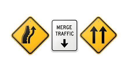 Road Merge Traffic Signs  Merge Lane, Two Lanes Merge, and Warning Symbols