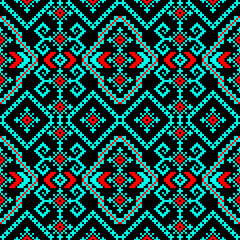 seamless geometric pattern
A seamless pixel-art pattern inspired by traditional folk embroidery, featuring nested diamond shapes, cross motifs, and arrow-like elements in vibrant turquoise 