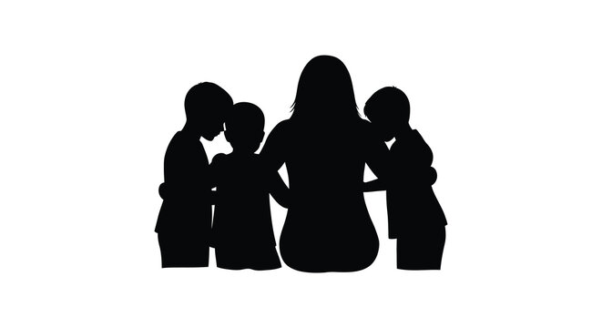 Silhouette of a mother and three children embracing warmly together