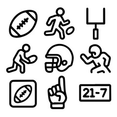 A collection of American football icons depicting a ball, player actions, helmet, goal post, score, and fan support.
