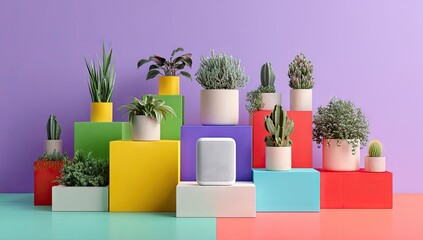 Modern Arrangement of Potted Plants on Colorful Geometric Blocks.
