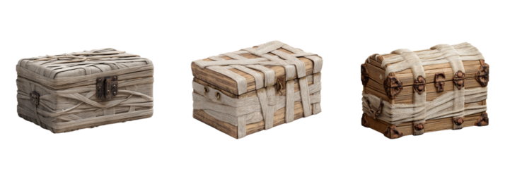 Vintage treasure chests displayed in an antique store close-up