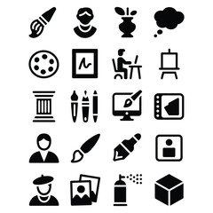 Set of 16 black and white art and creative tools icons in 4x4 grid vector isolated minimalist design