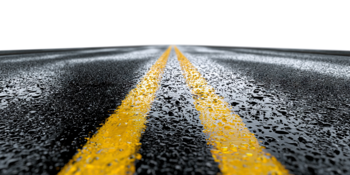 Wet asphalt road with double yellow center lines, perspective view, isolated on transparent cutout background