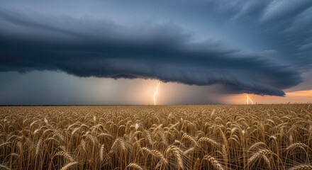 Dramatic thunderstorm with lightning striking over a golden ripe wheat field under a dark, ominous sky.