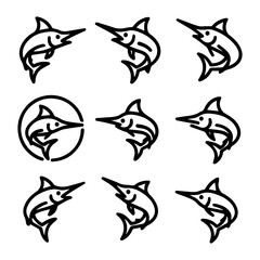 Nine stylized line art illustrations of leaping swordfish, varying in pose and composition, suitable for logo design.