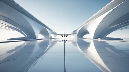 Futuristic white architectural bridge with sleek curved structures, modern minimal design, glossy reflections, and bright blue sky horizon