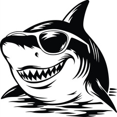 Monochrome shark swims grinning with sunglasses showing prominent teeth on surface water