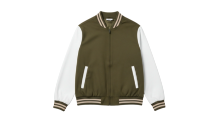 Olive and white baseball jacket front view transparent background