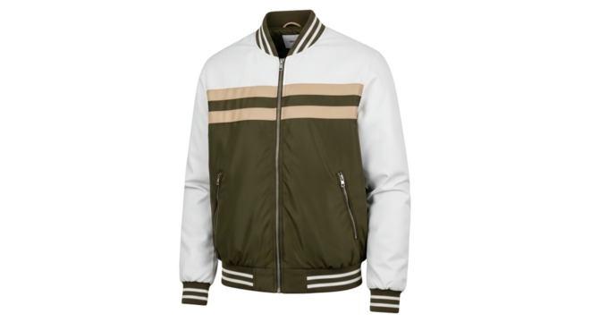 Olive and white color block bomber jacket casual menswear apparel clothing fashion style