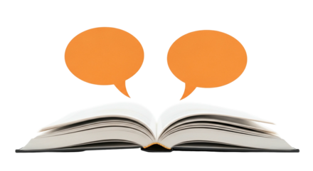 Open book with speech bubbles education communication and knowledge