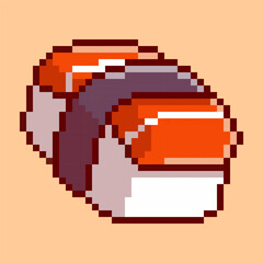 Obraz premium A pixel art of salmon nigiri sushi, created in a retro 8-bit aesthetic. This delicious Japanese food sprite is perfect for restaurant, cooking or any project focused on Asian cuisine