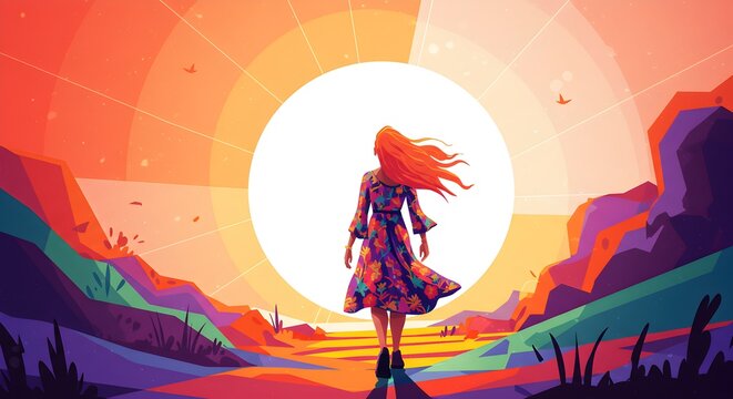 Woman walking towards sunrise