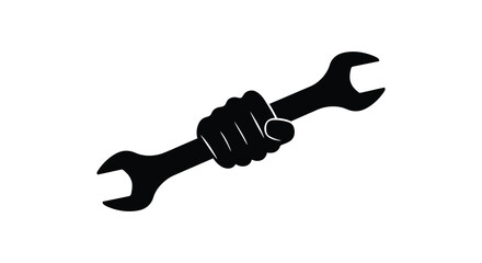 A clenched fist firmly gripping a large black wrench in isolation
