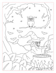 Witch Mixing a Potion Coloring Page: A Dark Fantasy Scene