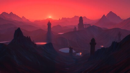 Surreal landscape with mountains castles and a vibrant sunset sky