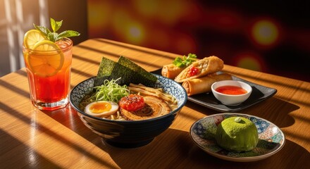 Delicious Asian ramen bowl, crispy spring rolls, and a refreshing cocktail served on a wooden table with dappled sunlight.
