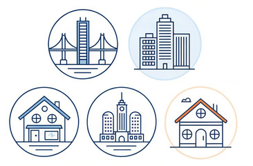 Set of five circular outline icons depicting city landmarks and houses in blue and orange