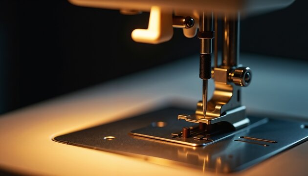 Close-up of sewing machine foot in macro style, warm metallic colors, precision tailoring and craftsmanship, concept for Sewing Machine Day - Powered by Adobe