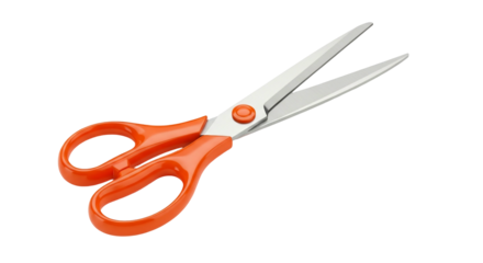 Orange scissors with silver blades on transparent background