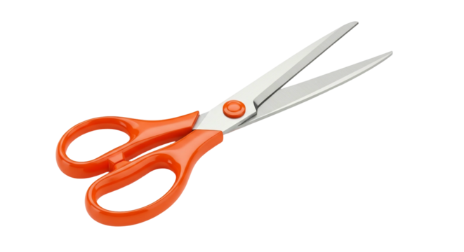 Orange scissors with silver blades on transparent background