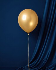 Single gold balloon floats against a dark blue satin drape