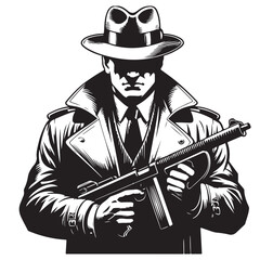Gangster with gun illustration, vintage mafia man in hat, retro crime vector artwork