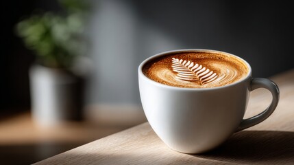 Beautiful white coffee cup with artistic leaf latte art on wooden surface. Perfect morning cappuccino with creamy foam design in cozy cafe setting.