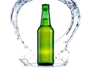 Green bottle surrounded by water splashes
