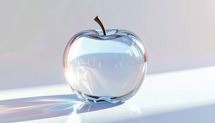 Glass apple, detailed and glossy, with soft lighting highlighting its transparency and fine texture, set against a light and simple background.