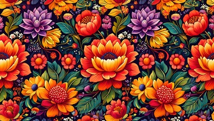 Vibrant Floral Pattern with Intricate Details and Rich Color Palette
