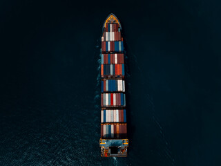 photograph of large container ship sailing on a deep sea, fully loaded with multi-colored containers, reflecting global maritime transport and logistics, cinematic dark tone  process.