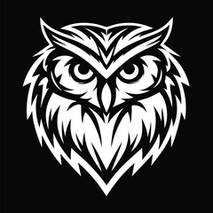 Powerful white owl face art displays sharp features on black background