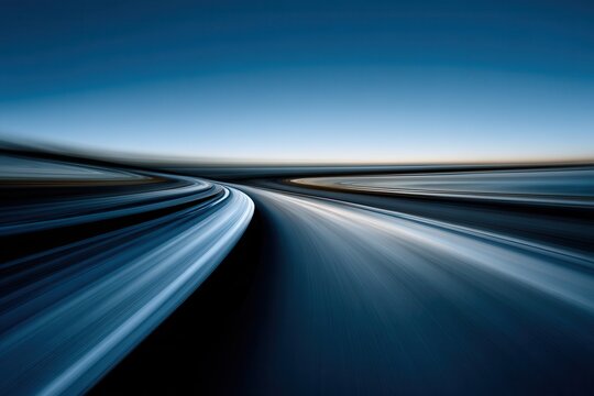 Abstract motion blur of a highway at dusk, dynamic perspective, blue and black tones, transportation concept, modern art style