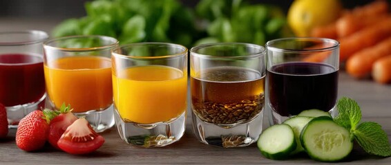 Enjoy a variety of colorful, healthy juices made from fresh fruits and vegetables, beautifully presented in stylish glasses - Powered by Adobe