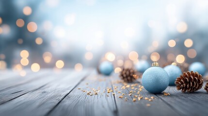 Fototapeta premium Blue Christmas ornaments and pine cones on wooden table with soft bokeh lights