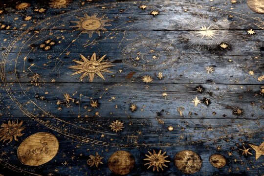Celestial Map on Weathered Wood Surface Top View Featuring Zodiac Signs Constellations Stars Planets Suns Moons
