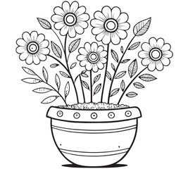 Beautiful coloring page of flowers inside a tub