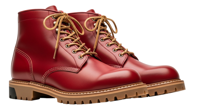 Red leather boots classic style footwear tan laces studio shot transparent background