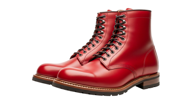 Red leather boots pair classic footwear polished laced transparent background