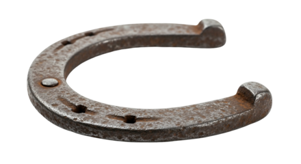 Rusty horseshoe on transparent background metal u shape old worn equine isolated symbol good luck charm clipart graphic design element