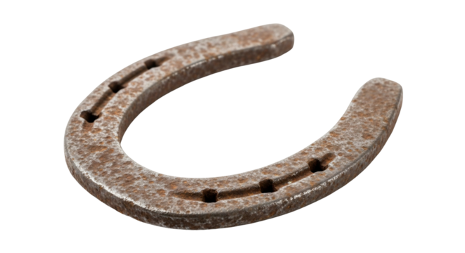 Rusty horseshoe on transparent background metal u shape aged old worn vintage equine luck fortune symbol image graphic design element texture