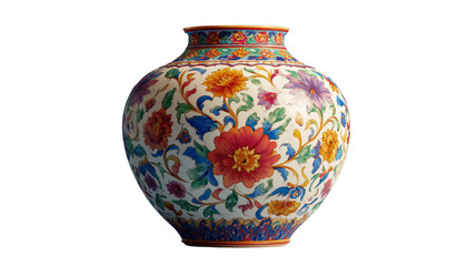 Ornate Porcelain Vase with Multicolored Floral Patterns, Side-Angle View with Subtle Shadows, Isolated on Transparent Background