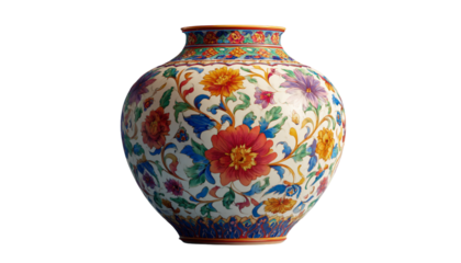 Ornate Porcelain Vase with Multicolored Floral Patterns, Side-Angle View with Subtle Shadows, Isolated on Transparent Background