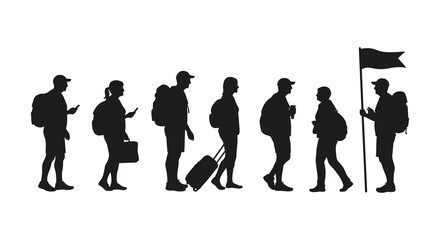 Silhouettes of people walking with luggage and a waving flag illustration