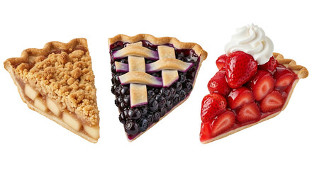 Three delicious pie slices apple crumble blueberry lattice strawberry cream