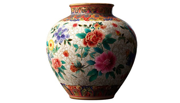  Ornate Porcelain Vase with Multicolored Floral Patterns, Side-Angle View with Subtle Shadows, Isolated on Transparent Background 